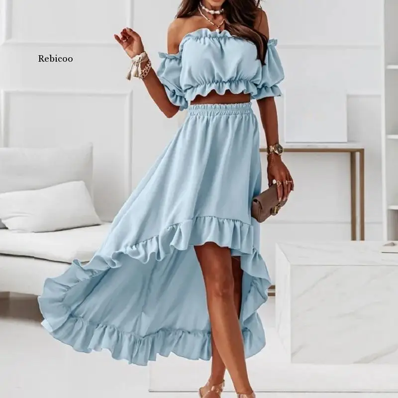 

Summer woman's skirt sets solid strapless sexy elastic waistless ruffle short puff sleeve tops skirt casual party 2-piece suit