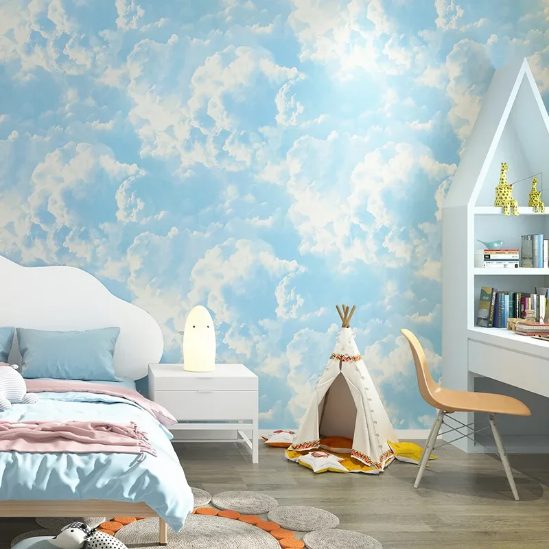Modern minimalist sofa TV background dark cloud wallpaper living room bedroom Nordic style wallpaper blue sky and white clouds