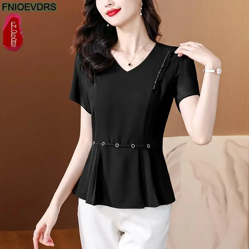 2024 Fashion Coffee Ruffles Peplum Tops Women Basic Wear Office Laday Basic Elegant Black Retro Vintage Bling Shirts Blouses