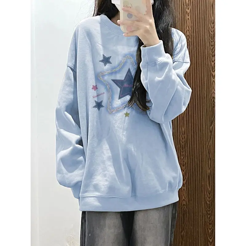 

American Blue Preppy Style Star Print High Street Y2k Hoodies Grunge Sudadera Mujer Sweatshirts Long Sleeve Casual Sweet