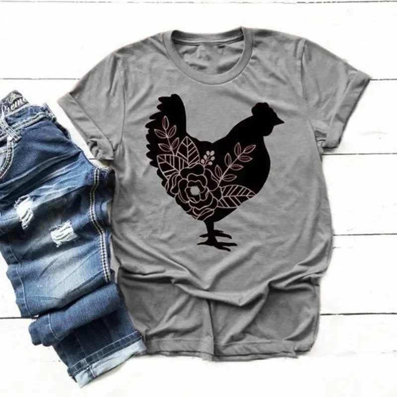 Hen Chicken Print T Shirt Women Short Sleeve O Neck Loose Tshirt Summer Women Tee Shirt Tops Camisetas Mujer