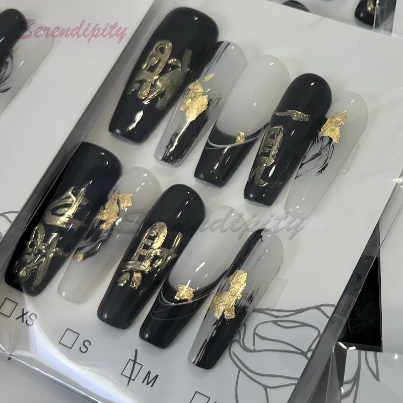 10Pcs Press On Nails Handmade Mysterious Eastern Power Fake Nails Wishing Getting Rich blessings 3D Limited with Adhesive Nails