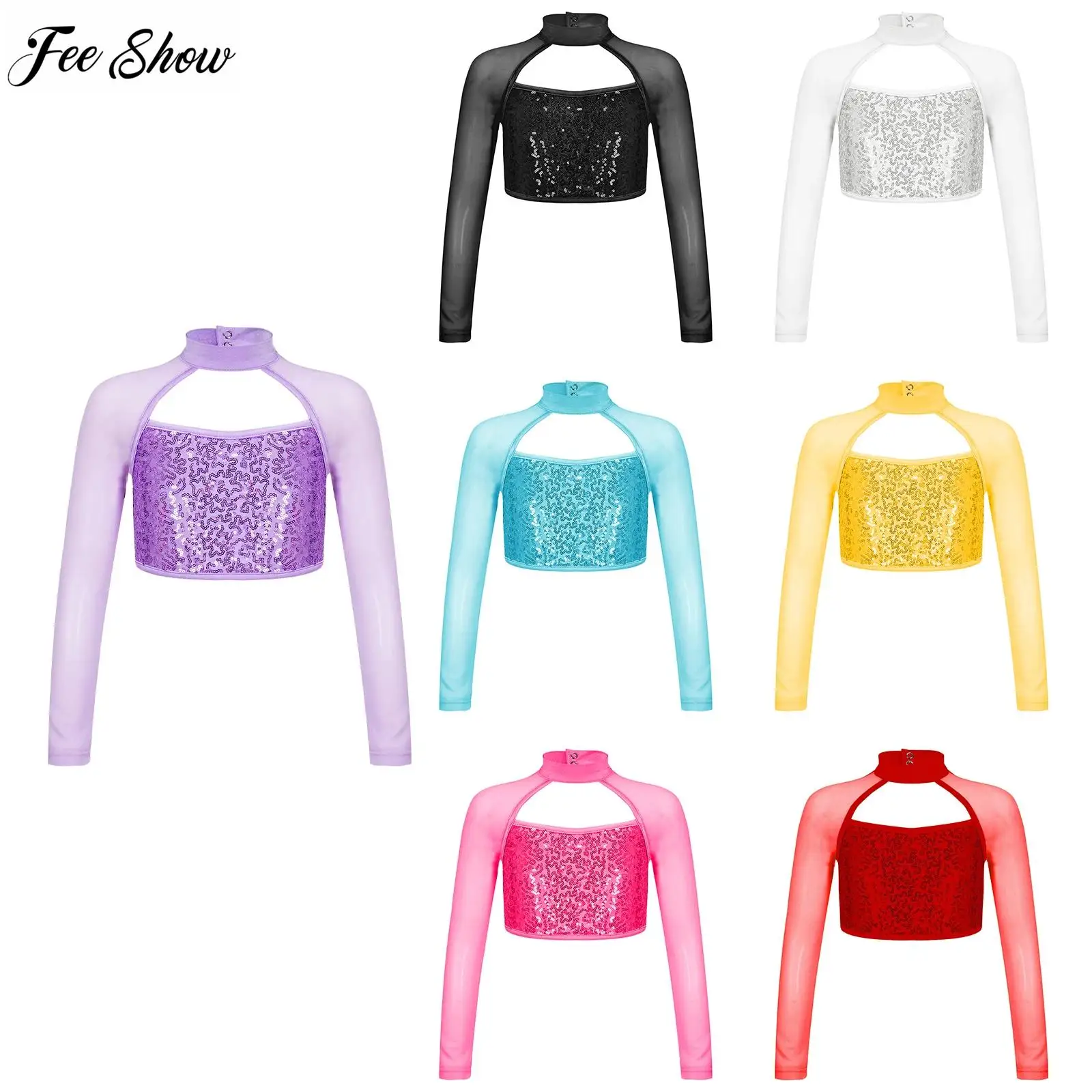 Kids Girls Latin Dance Tops Mesh Sheer Long Sleeve Round Collar Hollow Shiny Sequins Decorated Dance Cropped Shirt Tops