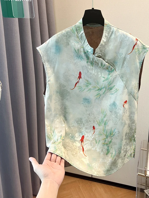 

Китайский топ без рукавов с принтом карпа Асимметричный дизайн для поездок на работу Sle irt Прямой крой Корейская версия Обычный толстый...