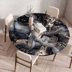 Round Marble Table Cover Black and Gold Printed Tablecloth Waterproof and Elastic Table Cover Kitchen Supplies and Home Decor