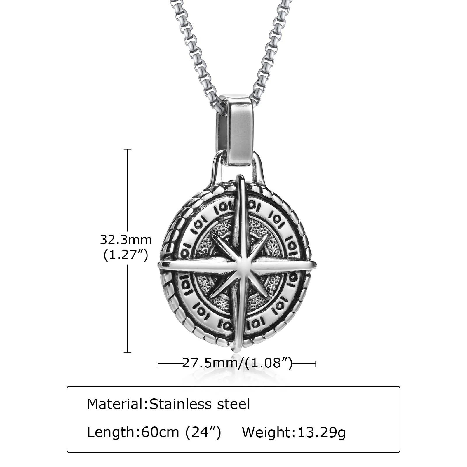 North Star Men Necklace ,Stainless Steel Compass Pendant,Mens Jewelry, Coin Form Handmade Necklace