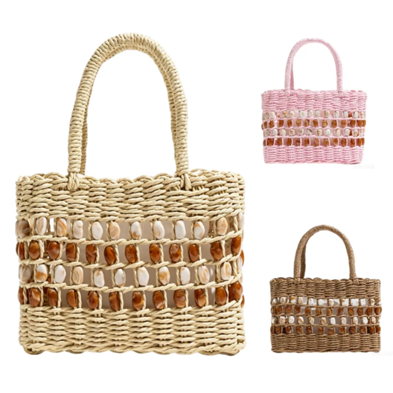 

Beaded Straw Woven Hollow Handbag,Women Dopamine Colorblock Market Shopping Basket,Summer Vacation Boho Casual Chic Tote Bag