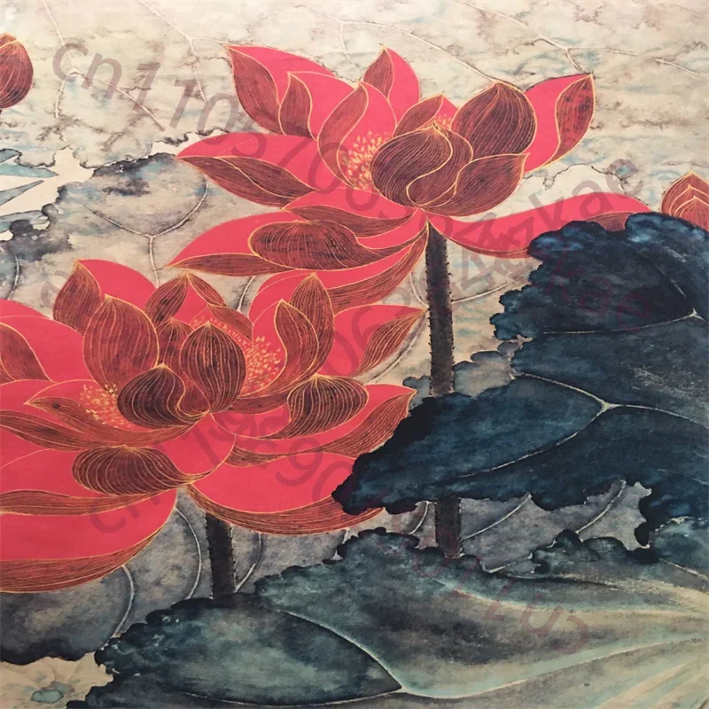 Collection Of Chinese Old Scroll Rice Paper Painting Slice,Zhang Daqian's Golden Thread Lotus