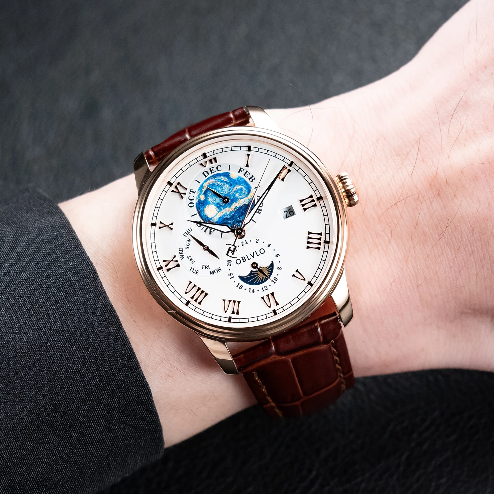 OBLVLO-Exquisite Roman Numerals Watch Automatic with Complete Calendar Leather StrapSun Moon Star Design, 24 Hour AM-FG, Fashion