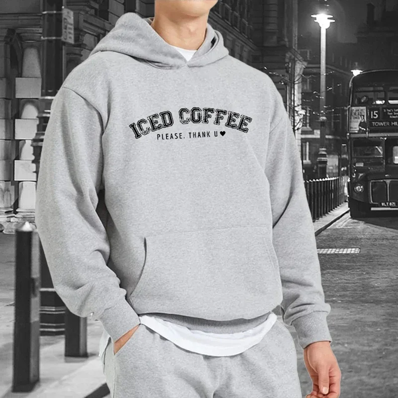 Iced Coffee Please Thank U Letter Print Hoodies Men's Autumn Long Sleeve Pullover Tops Outdoor Sport Clothes