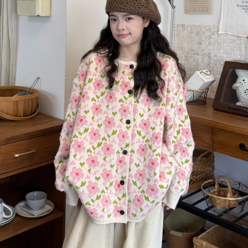 

2025 New Faion Thiened Floral Knitted Sweater Coat for Women Autumn Winter Commute Sle Long Sve Button Closure