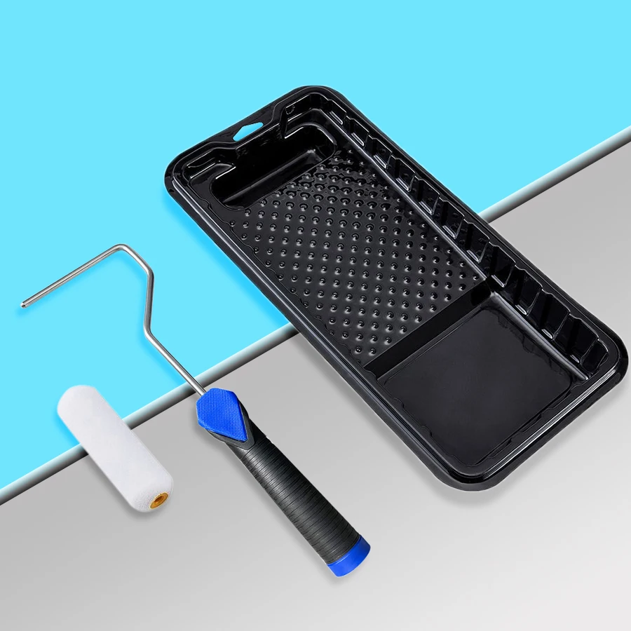 3-piece mini roller set includes 4" PET paint tray; 4" stick mini roller stand with 6mm shaft; 4" high-density roller foam