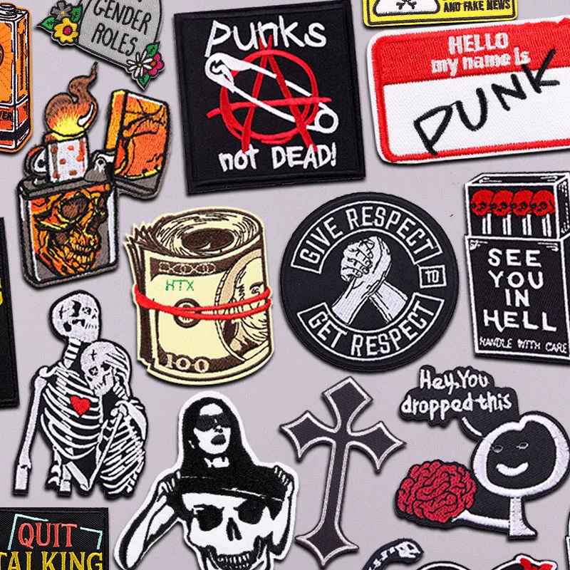 Punk Rock Skull GIVE RESPECT Patch Iron On Patches On Clothes Ghost Embroidered Patches For Clothing Jackets Slogan Stickers DIY