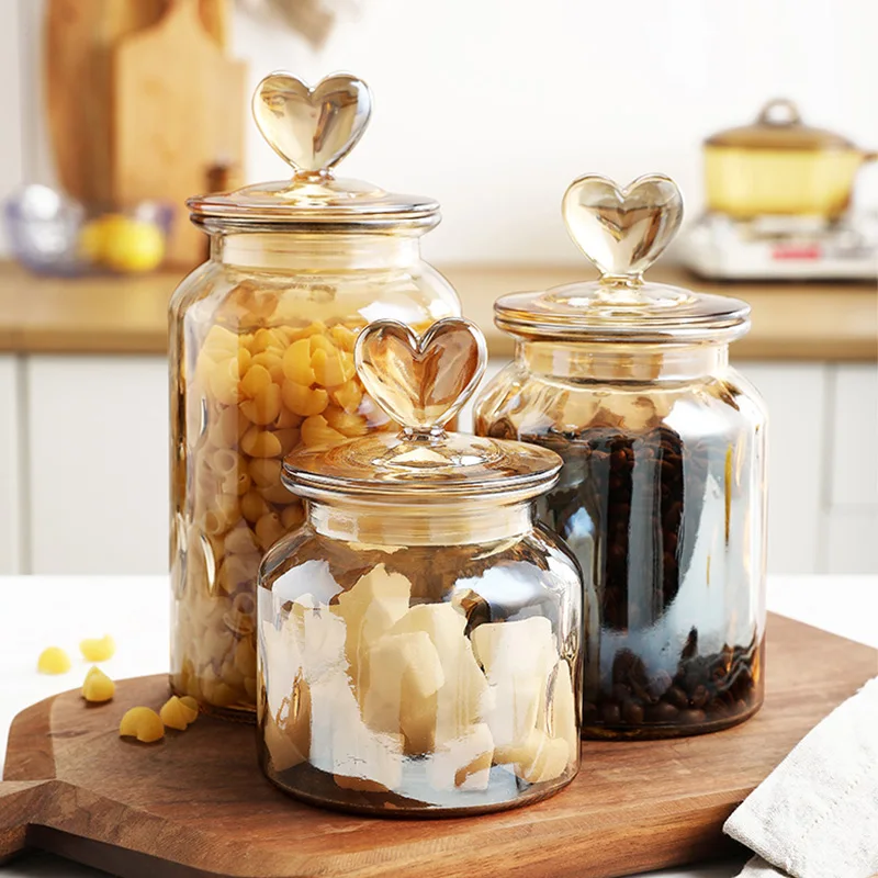 Amber Heart Glass Bottle Sealed Jar with Lid Kitchen Food Storage Container Nut Coffee Bean Candy Jar Clear Glass Box Home Decor