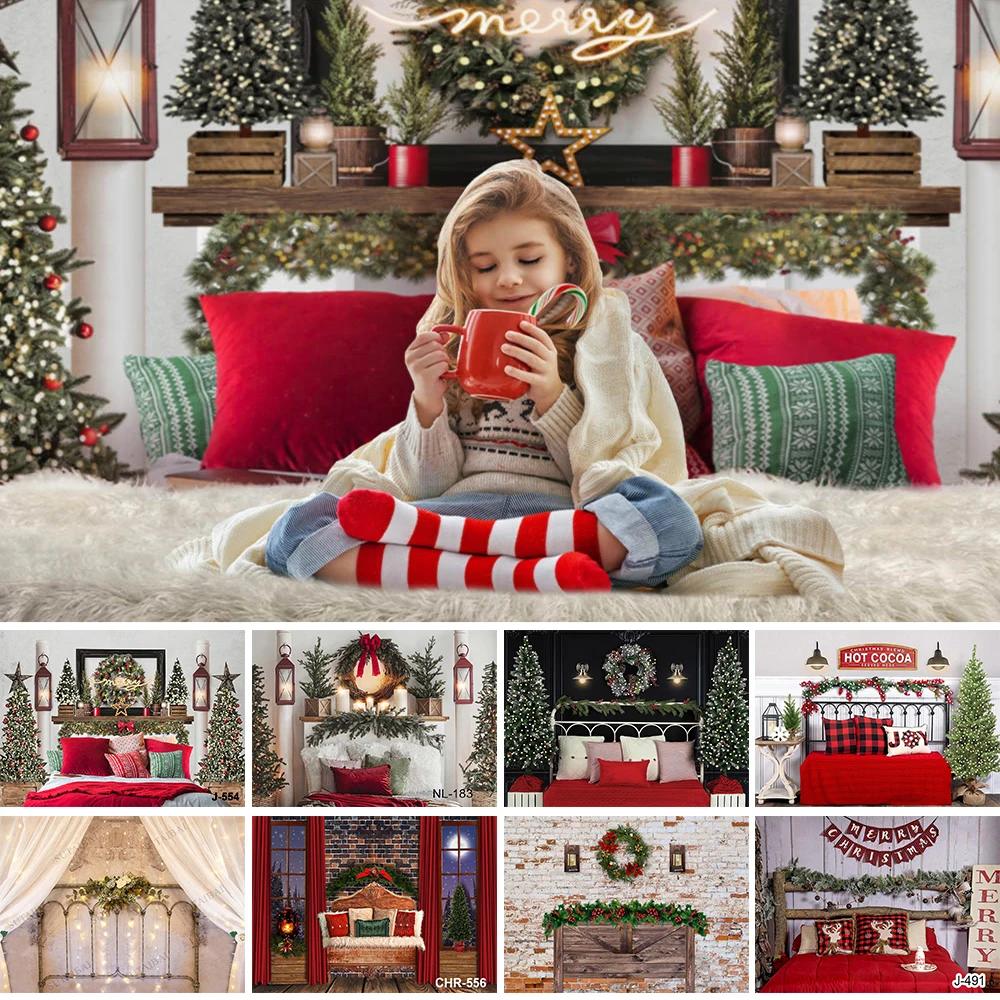 Christmas HeadBoard Photography Backdrop Baby Portrait Photographic Wreath Bed Wooden Wall Decor Family Kids Photo Studio