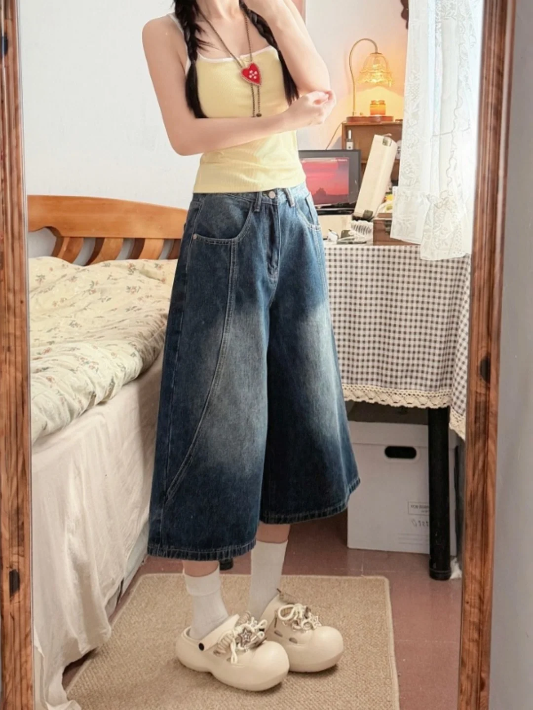 Retro Wide Leg Denim Jeans Women's Loose Straight Loose plus Size Dark Blue Seven-Foot Mid-Calf Pants Summer New Arrival