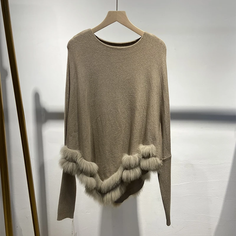 2025年女性用秋の本物のキツネの毛皮ニットオーバーサイズグレーセーターマント本物のキツネの毛皮無地ニットケープ