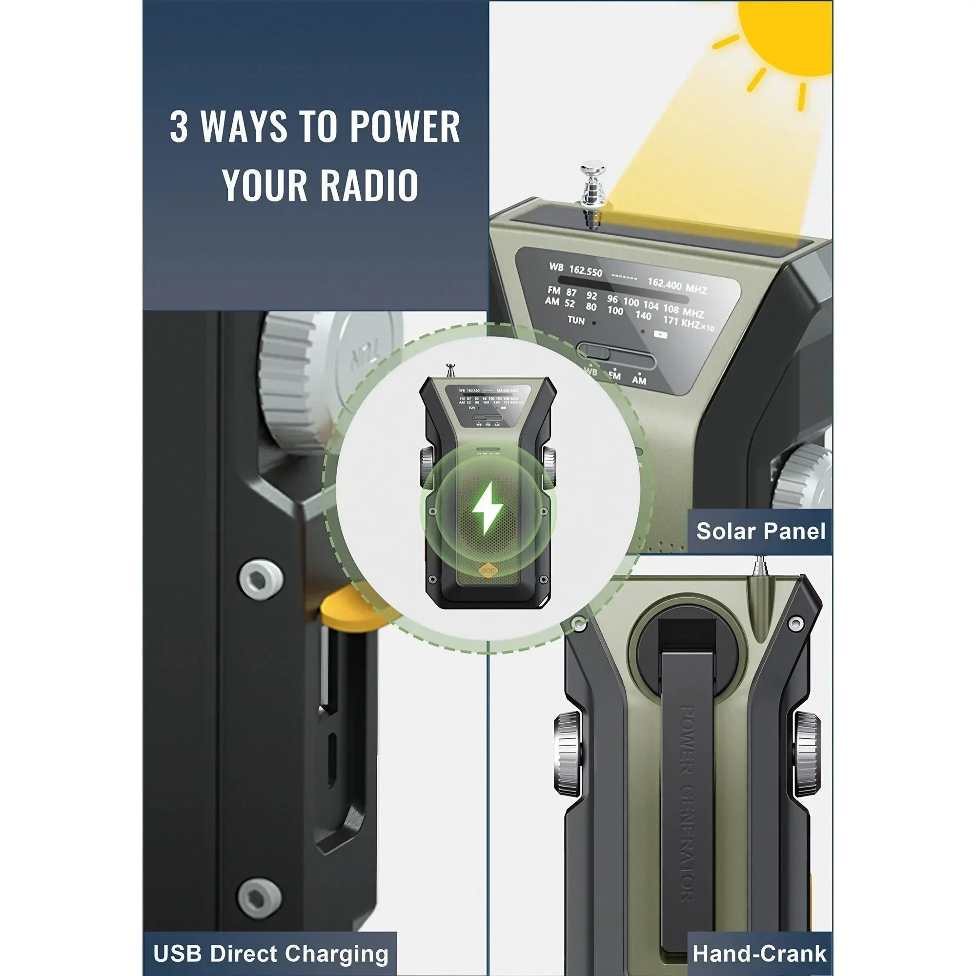 4000 mAh SOS-alarm Noodweerzaklamp Handslinger Zonnebatterij AM FM-radio Oplader voor mobiele telefoon
