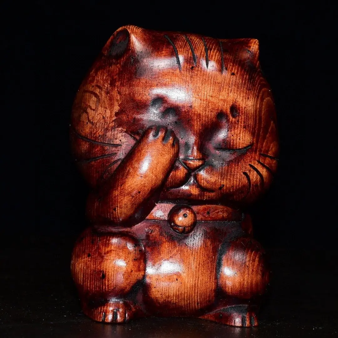 Hand Carved Wood Japan Lucky Cat Statue Figurine Desktop Ornaments Home Decoration Crafts Tea Pet Decor