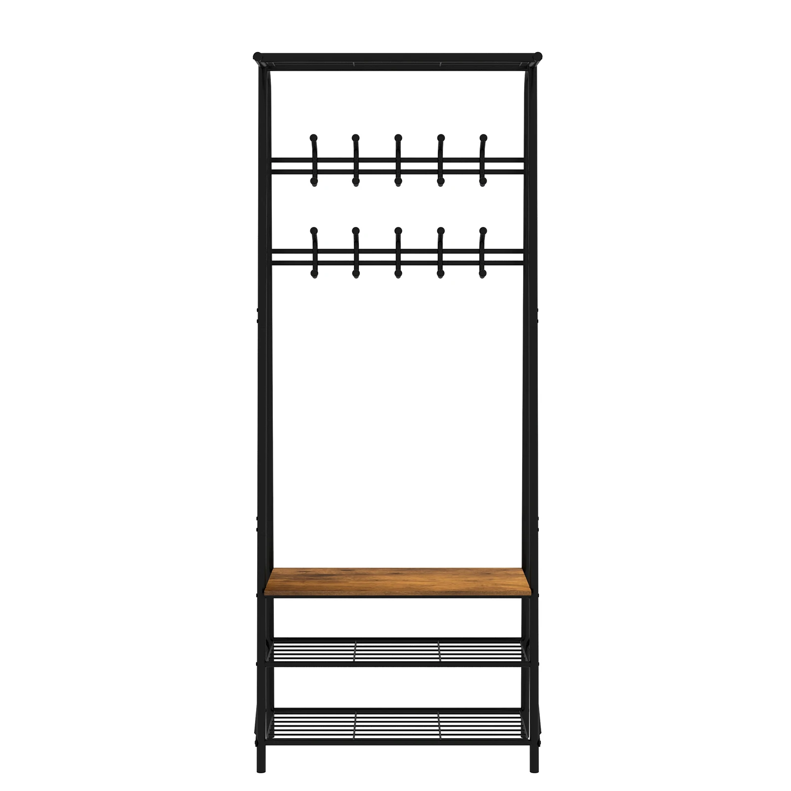 Hall Tree with Bench, 10 Hooks & Shoe Storage Shelf – Heavy Duty Steel Frame Entryway Coat Rack, 350lb Capacity, Wood Look Accent for Mudroom, Living Room, Bedroom