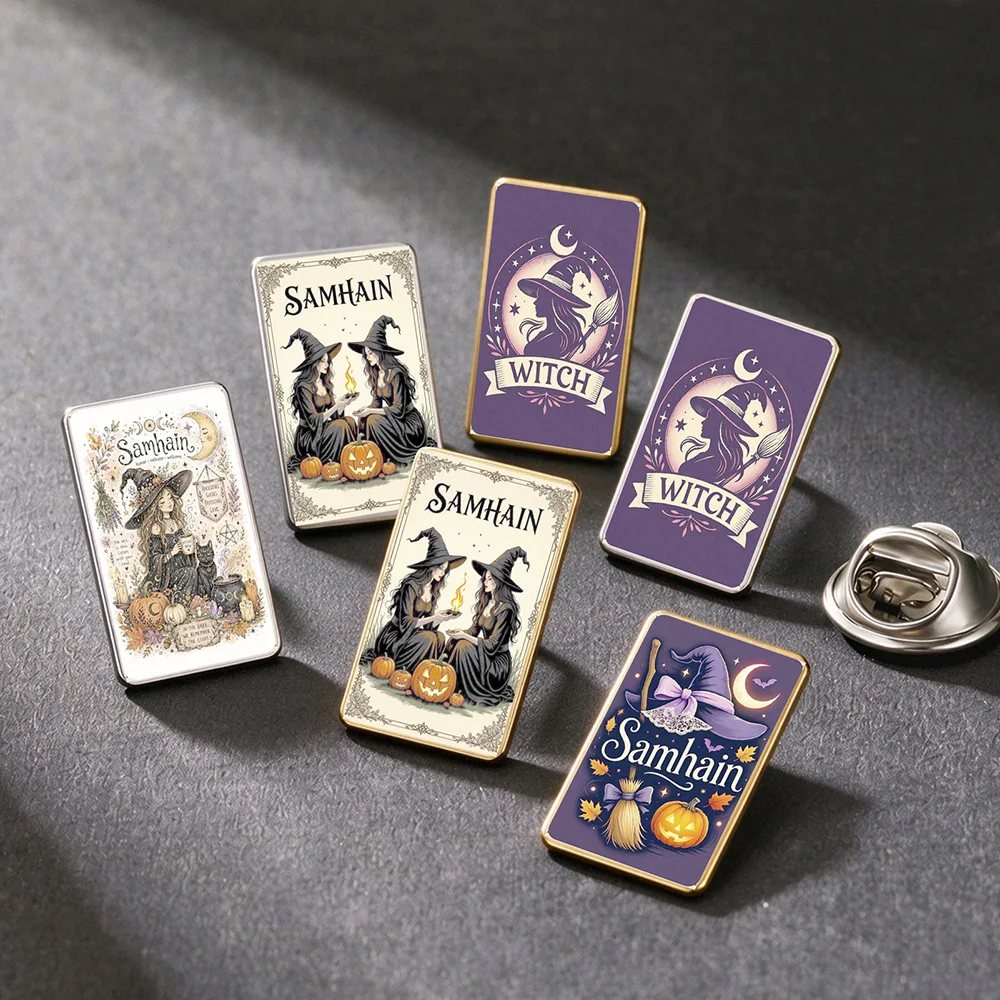 Blessed Samhain Brooches Witch Pumpkin Halloween Lapel Pins Multicolor UV Carved Pattern Stainless Steel Wiccan Jewelry