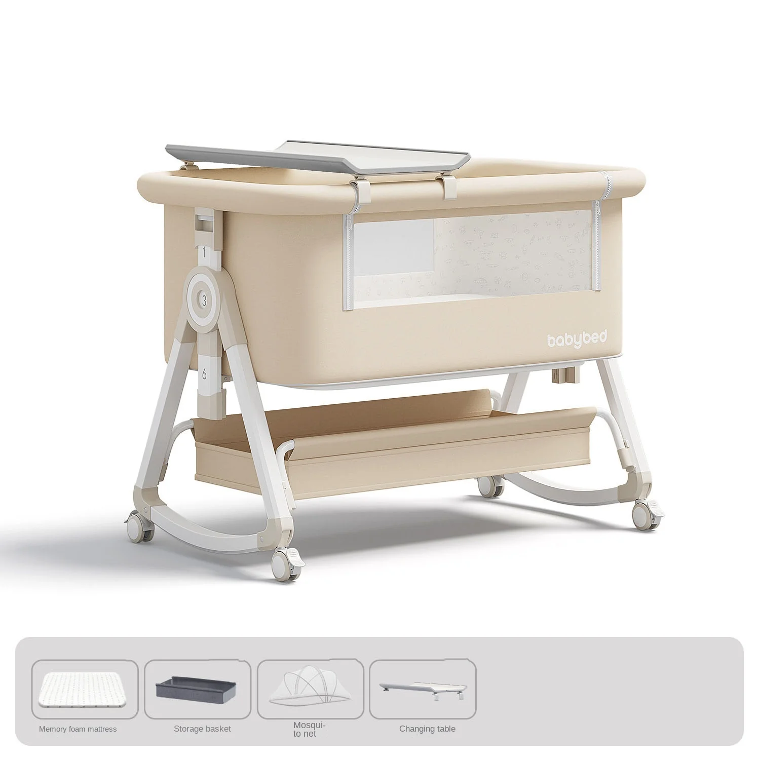 Baby Crib , Portable and Adjustable, Foldable, Includes Mattress, Wheels, Storage Basket, Mosquito Net, and Changing Table