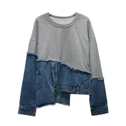 Y2k Top Women Hoodies Fake Two Pieces Set Denim Tops Casual Round Neck Simple Spring Sweatshirts Irregularity 2025 Streetwear