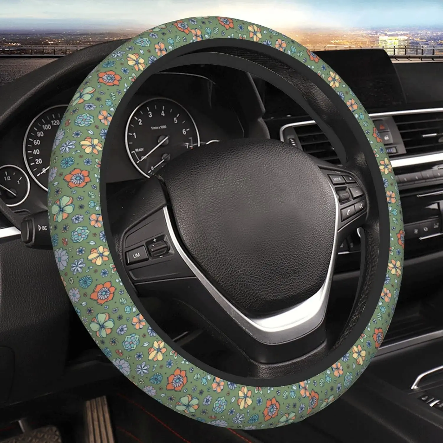 Sage Green Hippie Flower Auto Car Steering Wheel Cover Universal 15 Inch Neoprene Interior Decor Protection Accessories