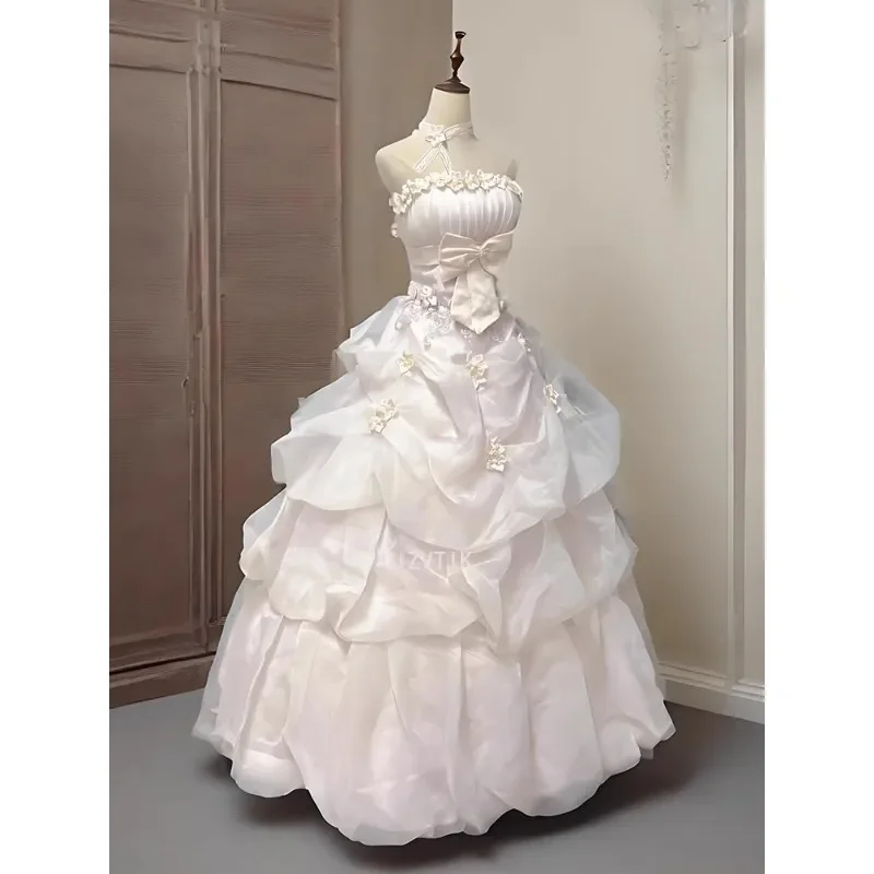 Vestidos de novia de color rosa claro de lujo para mujer, vestidos de novia con lazo y apliques sin tirantes, vestido de fiesta de noche elegante hasta el suelo 2025