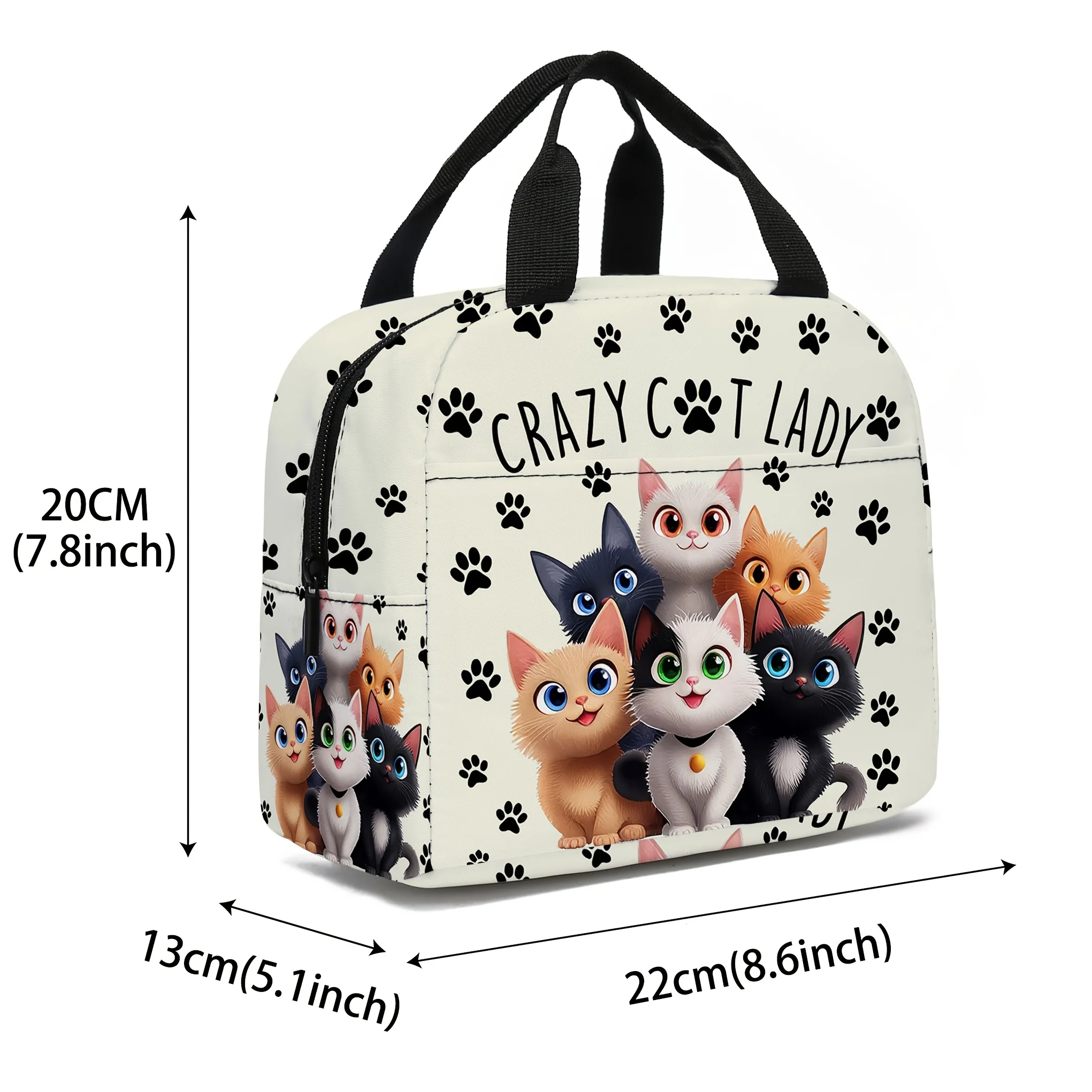 Crazy Cat Lady Bolsa de almuerzo aislada para el trabajo, viajes y picnics Diseño juguetón Bolsa con asa duradera, bolsa de almuerzo
