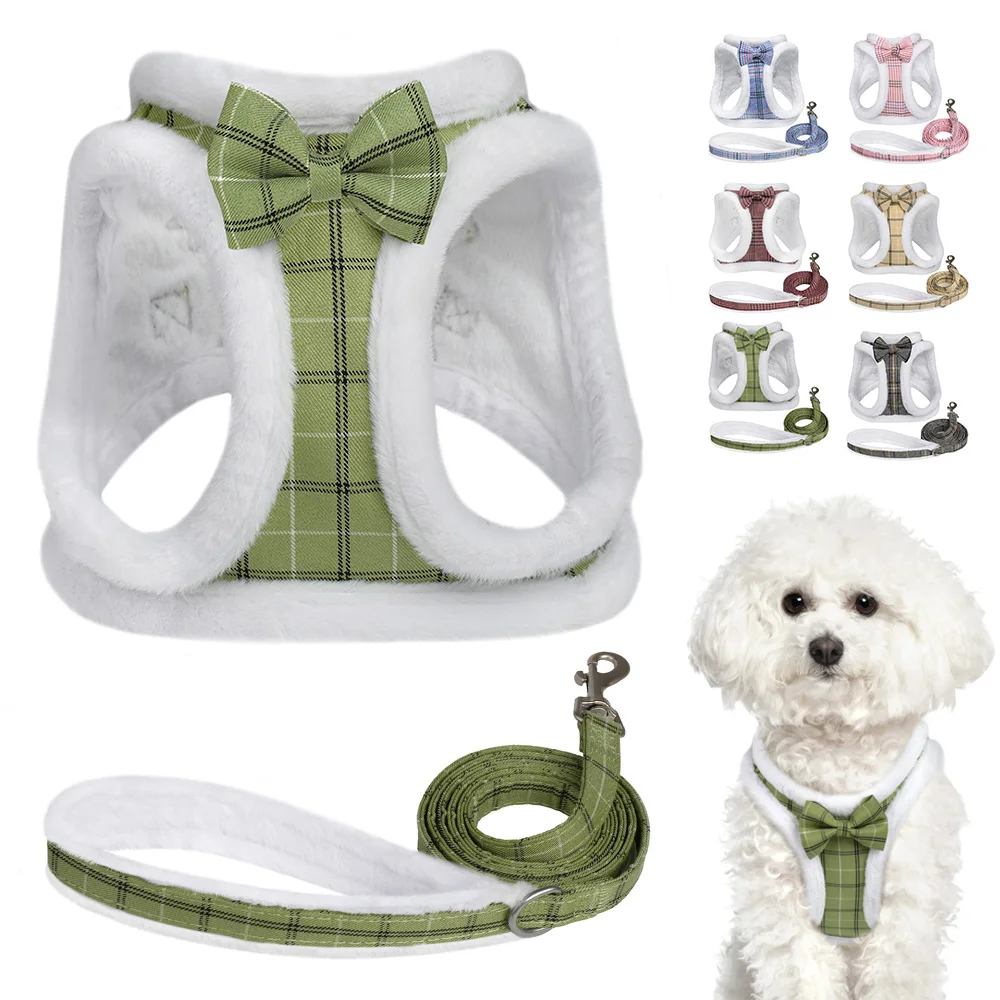 Winter Warm Dog Harness Leash Set Soft Fur Padded Dog Harness Vest No Pull Adjustable Pet Harness With Lead Leash Cute Bowknot