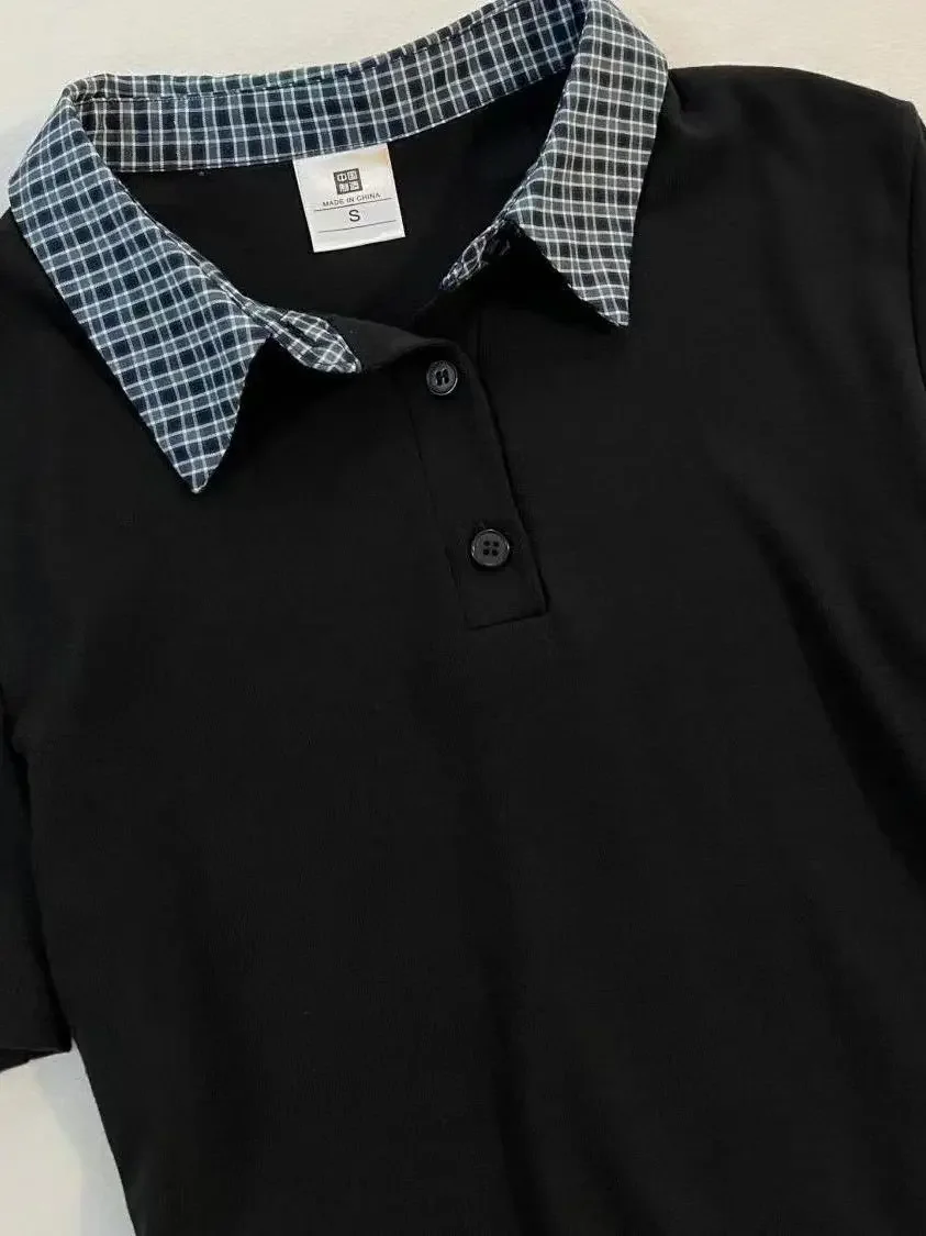 الأمريكية الرجعية وهمية قطعتين التلبيب قصيرة الأكمام تي شيرت موضة كلية نمط بولو طوق قصيرة الأكمام تي شيرت الجمالية