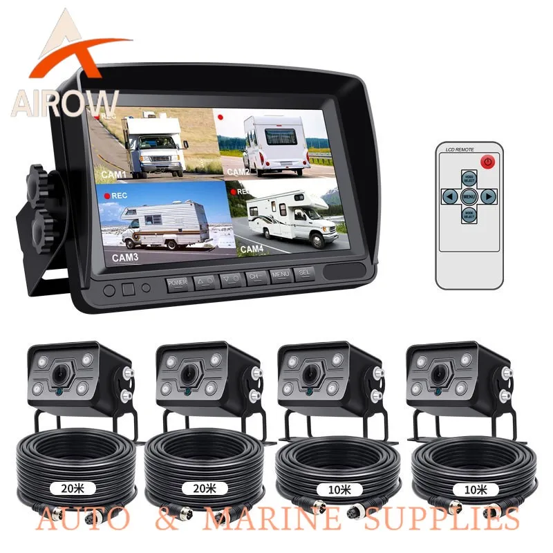 Airow auto 4CH Backup Camera System with Vehicle Security System 4 Waterproof Infrared Night Vision Cameras for RV Truck Bus