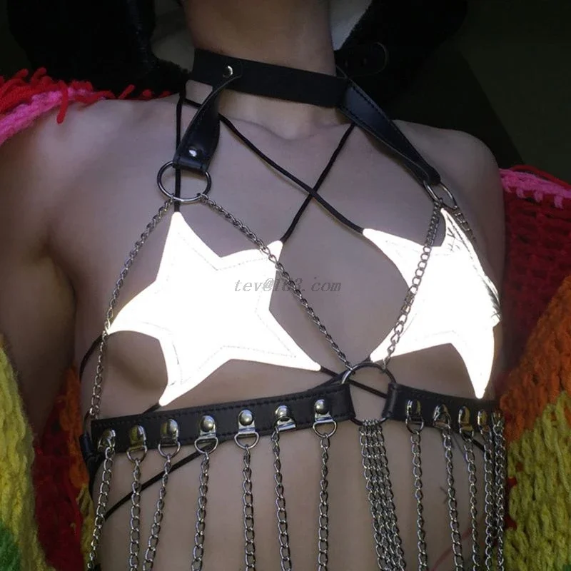 Womens Sexy Glitter Reflective Five-Pointed Star Bra Strappy Bandage Halter Top Bralette Nightout Clubwear Metallic Bustier Part