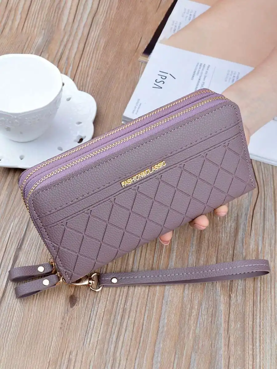 

Women's Long Zipper Wallet with Wrist Strap, Quilted Design, Mauve