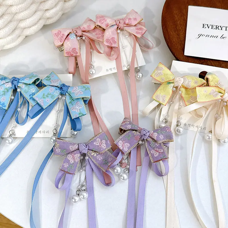 

Korean Sweet Bow Hair Clip Embroidered Flower Ribbon Hairpin for Girls Hair Accessories for Back of Head Braids