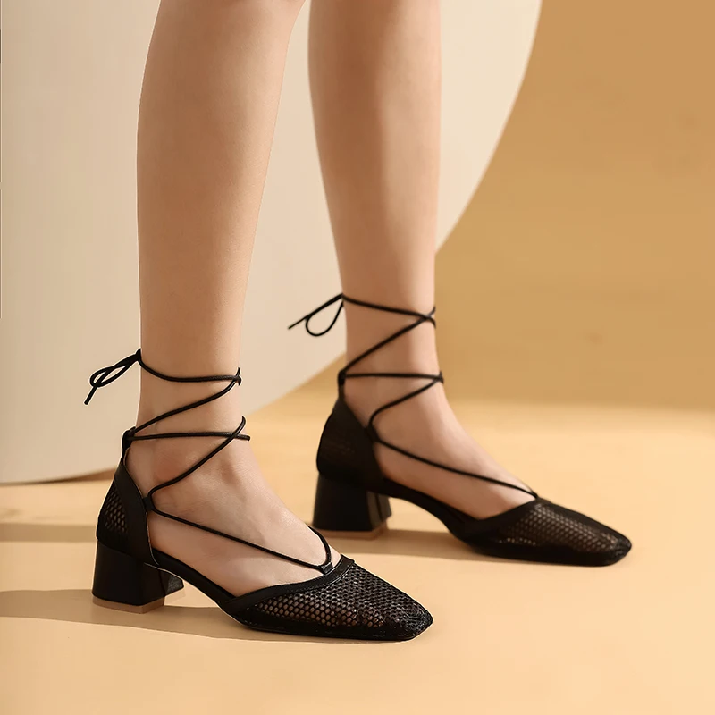 Summer New Style Women's Medium Heel Square Toe Strap Mesh Cut Out Women's Sexy Fashion Versatile Sandals Extra Large Size 50 Extra Small Size 31 Size Fashion Women's Shoes