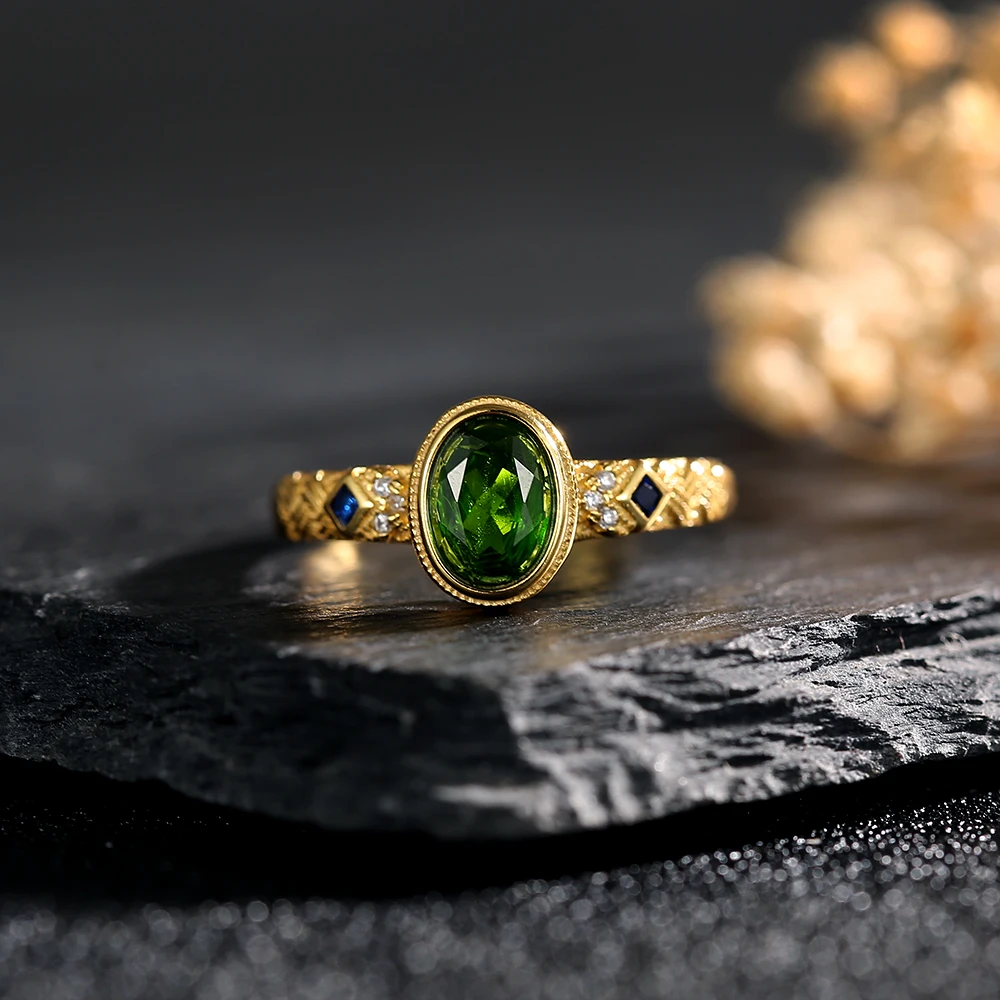 

S925 sterling silver women's ring paired with natural diopside crystal ring, vintage/gorgeous green gemstone wedding jewelry