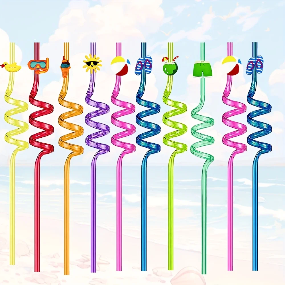 

10/20pcs Summer Party Reusable Spiral Straws with Various Topper Decorations, PET Material, Suitable for All Birthday Parties, B