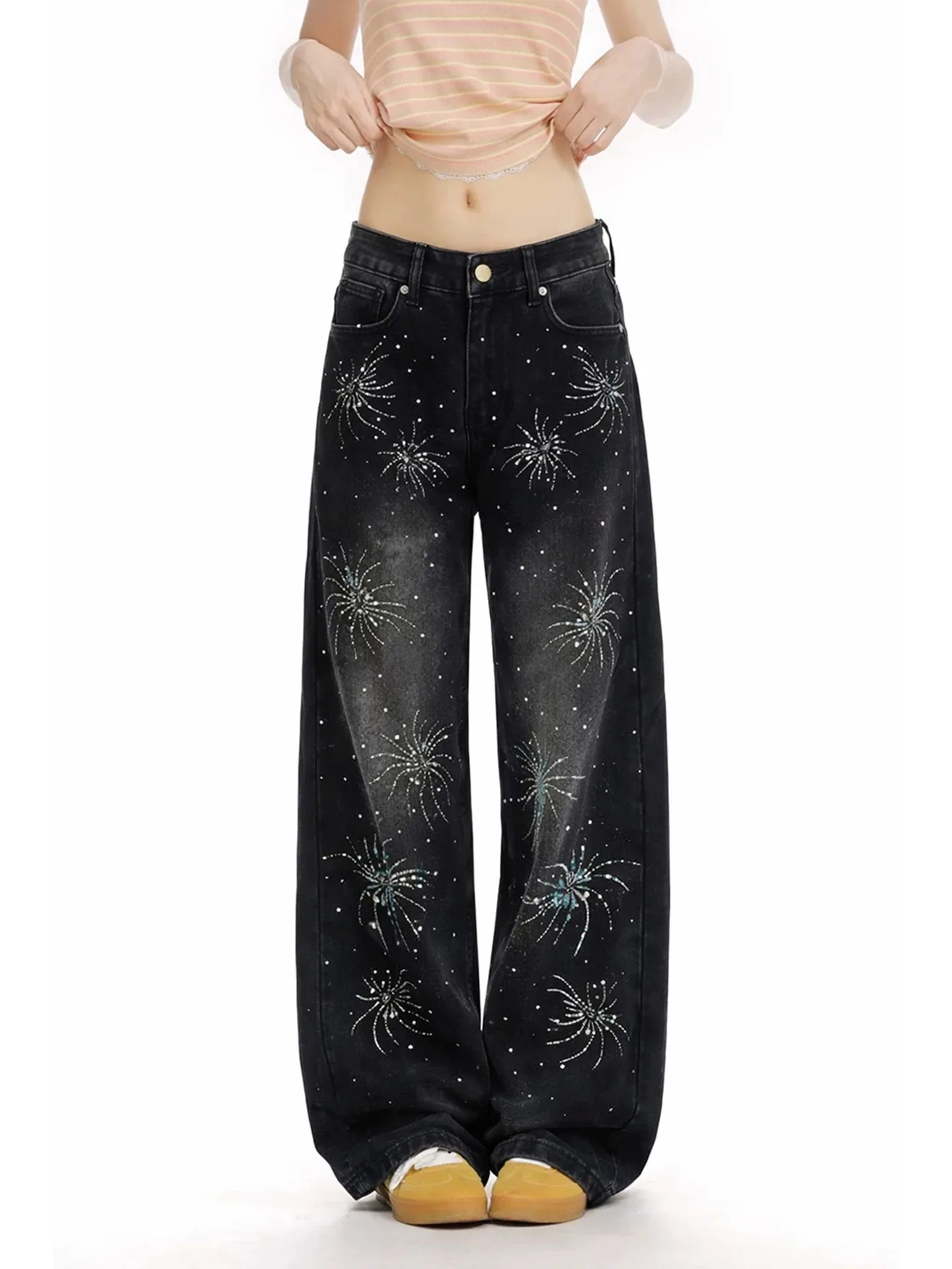 

Glittering Rhinestone Denim Pants Women's Jeans New Wide Leg Design Sensation Floor-Length Pants Loose Jeans