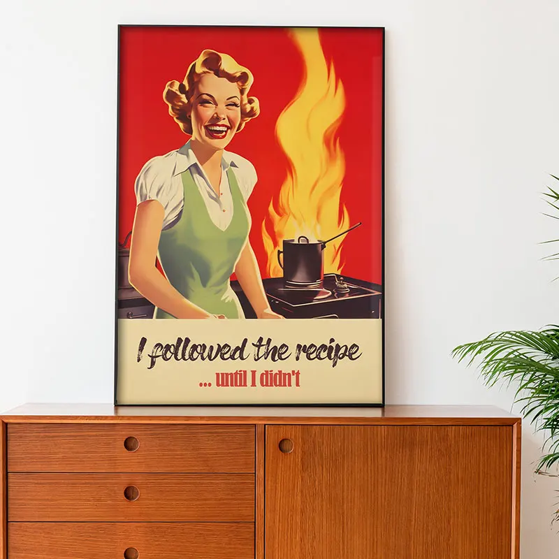 Retro Kitchen Print 50s Style Poster Trendy Cooking Happy Housewife Funny Pie Chef Gift Quote Canvas Painting Wall Art Pictures