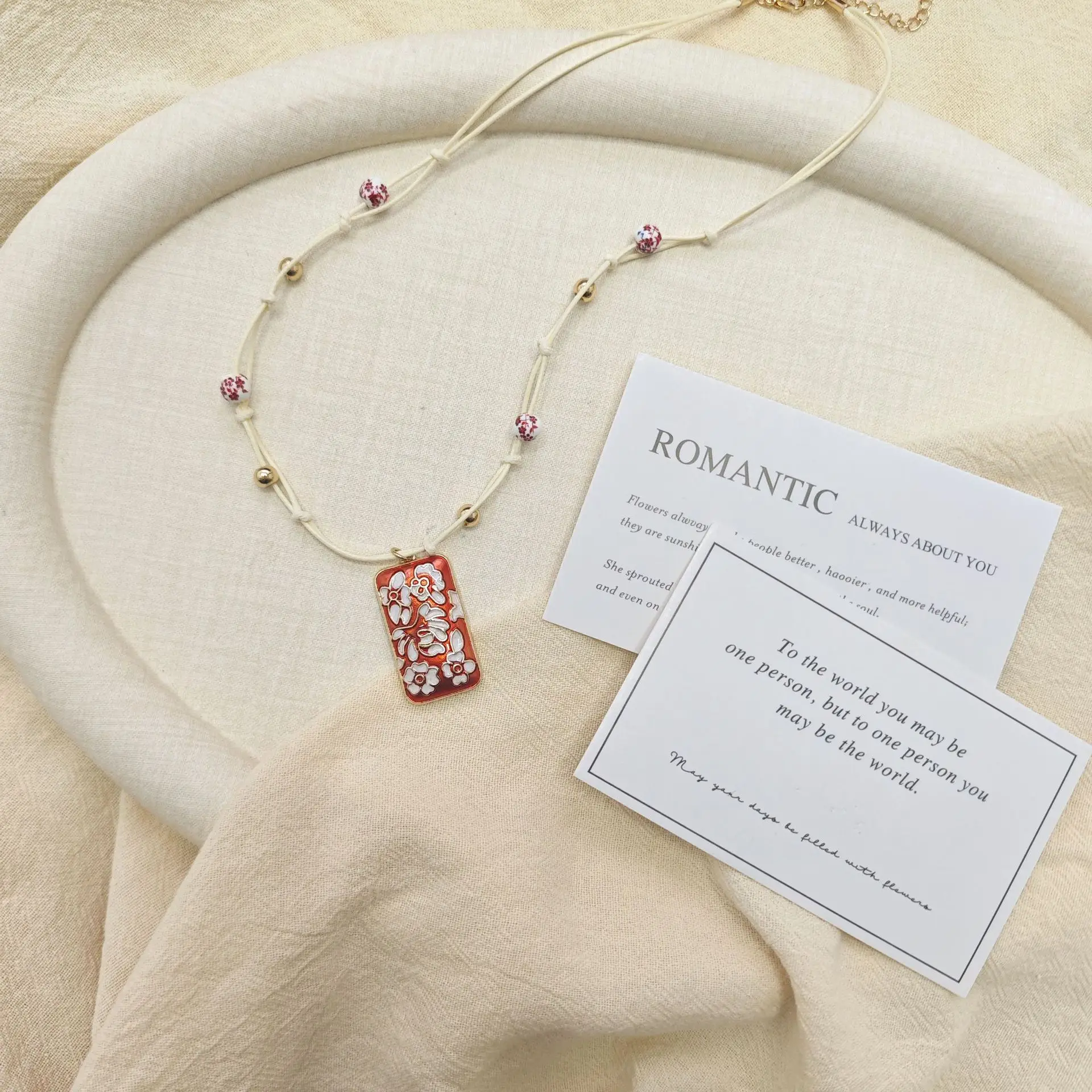 New Chinese Style Off-white Braided Rope Beaded Oil Necklace Floral Square Pendant Necklace Niche National Style Women Neckwear
