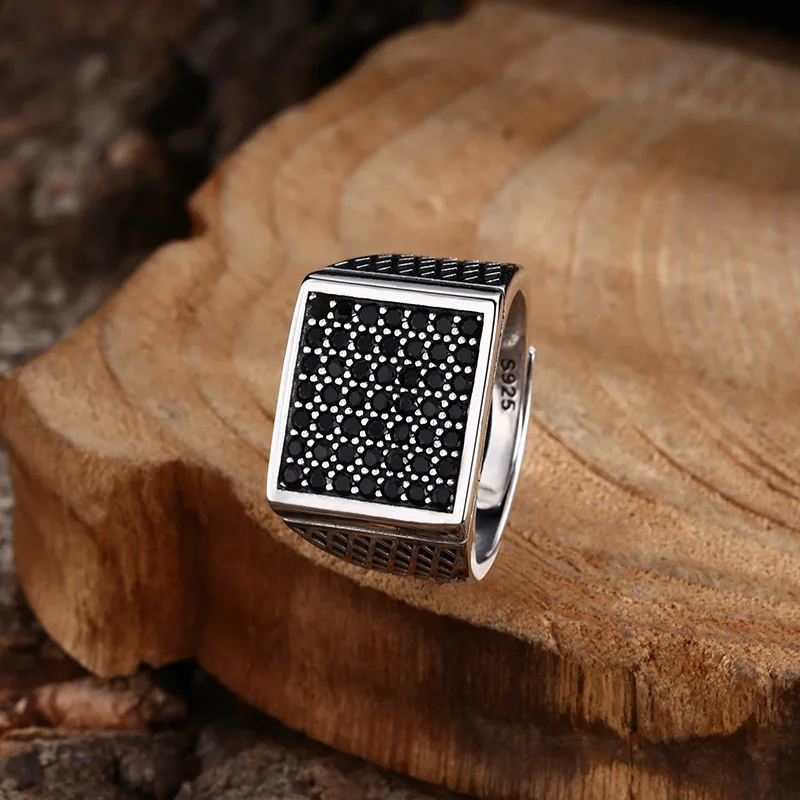S925 Sterling Silver Black Zircon Adjustable Ring Punk Style Old Process Cross Net Solid Free Size Fine Jewelry FYRNG144