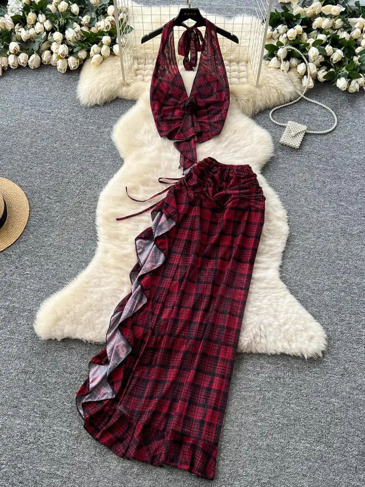 

Летние женские красные клетчатые топы без рукавов с открытыми плечами и v-образным вырезом, бандажные топы с лямкой на шее и длинная юбка с высокой талией, шикарный комплект из двух предметов