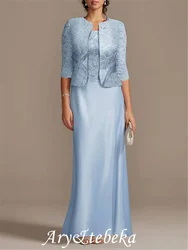 Sheath / Column Mother of the Bride Dress Elegant Scoop Neck Floor Length Satin 3/4 Length Sleeve with Lace