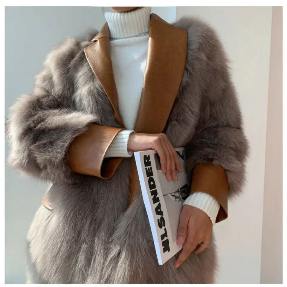 

Mid-Length Fur Coat Women Clothing Autumn Winter New Korean Style Blazer Leather Patchwork Faux Fox Fur Jacket Women Trendy