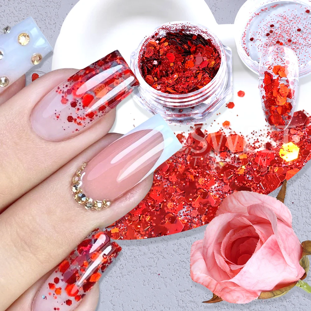 กลิตเตอร์ตกแต่งเล็บรูปหัวใจสีแดงสดใส 4/12 กล่อง/ชุด สำหรับทำเล็บ 3 มิติ ตกแต่งเล็บวันวาเลนไทน์