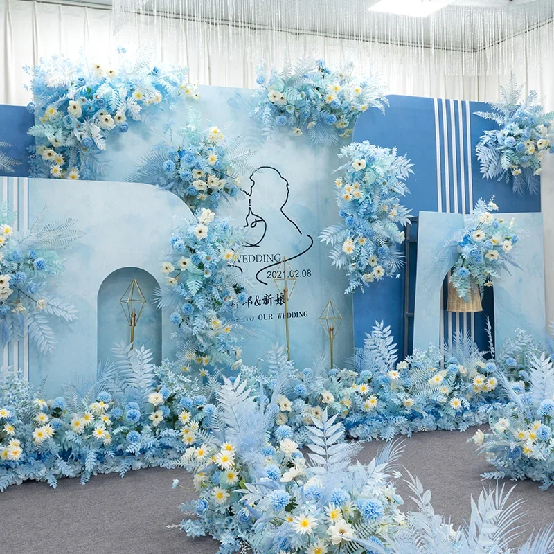 Artificial Flower Wedding Decoration, Blue Series, Road Lead, Custom Flower Row, Stage Floral Arrangement, Wedding Background