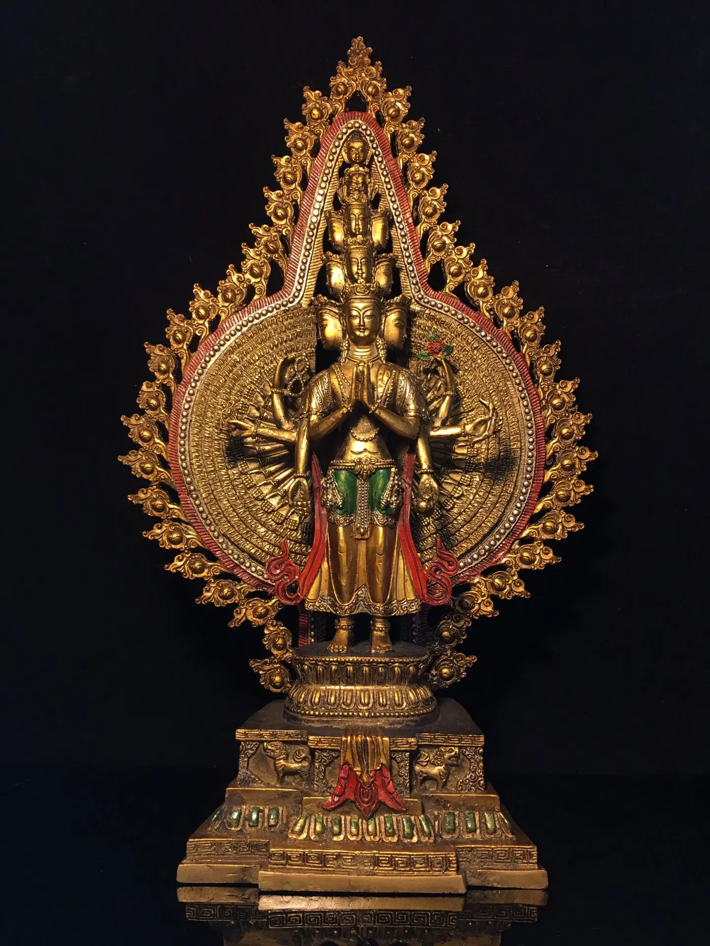 

16"Tibetan Temple Collection Old Bronze Painted 1000 Arms Guanyin Bodhisattva Buddha Backlight lotus platform Worship Hall