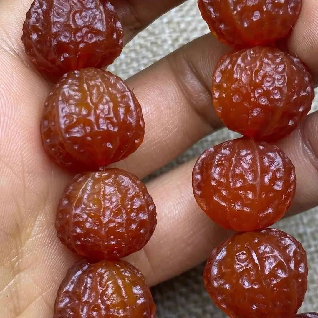 Chinese Style Carved Walnut Shaped Red Old Agate Beaded Bracelet Lucky Blessing Wealth Attracting Feng Shui Prayer Wrist Jewelry